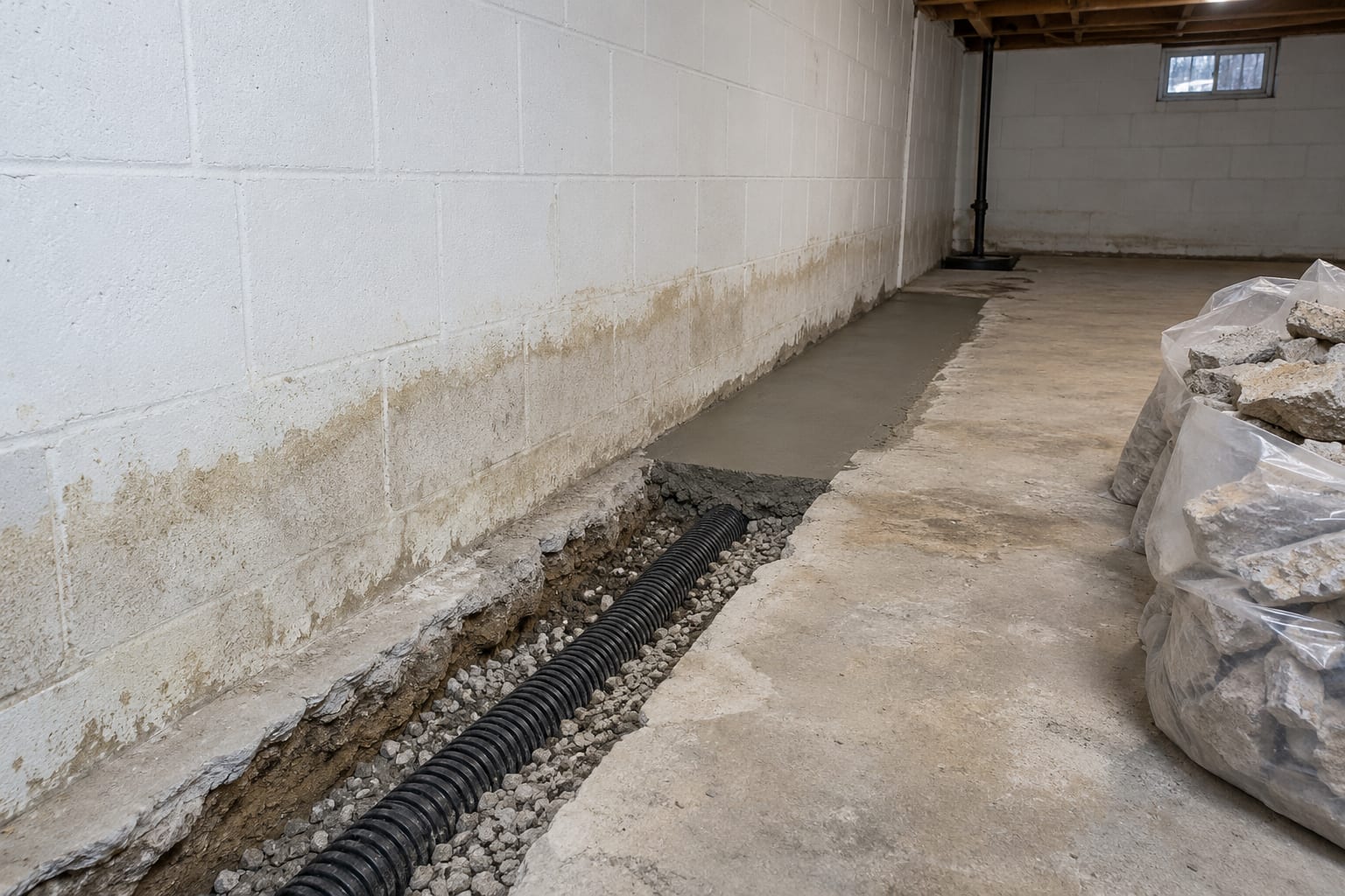 A narrow trench cut in a basement concrete slab along a block wall, showing gravel and a perforated drain pipe, with fresh concrete patch beside it, in North Brunswick, New Jersey