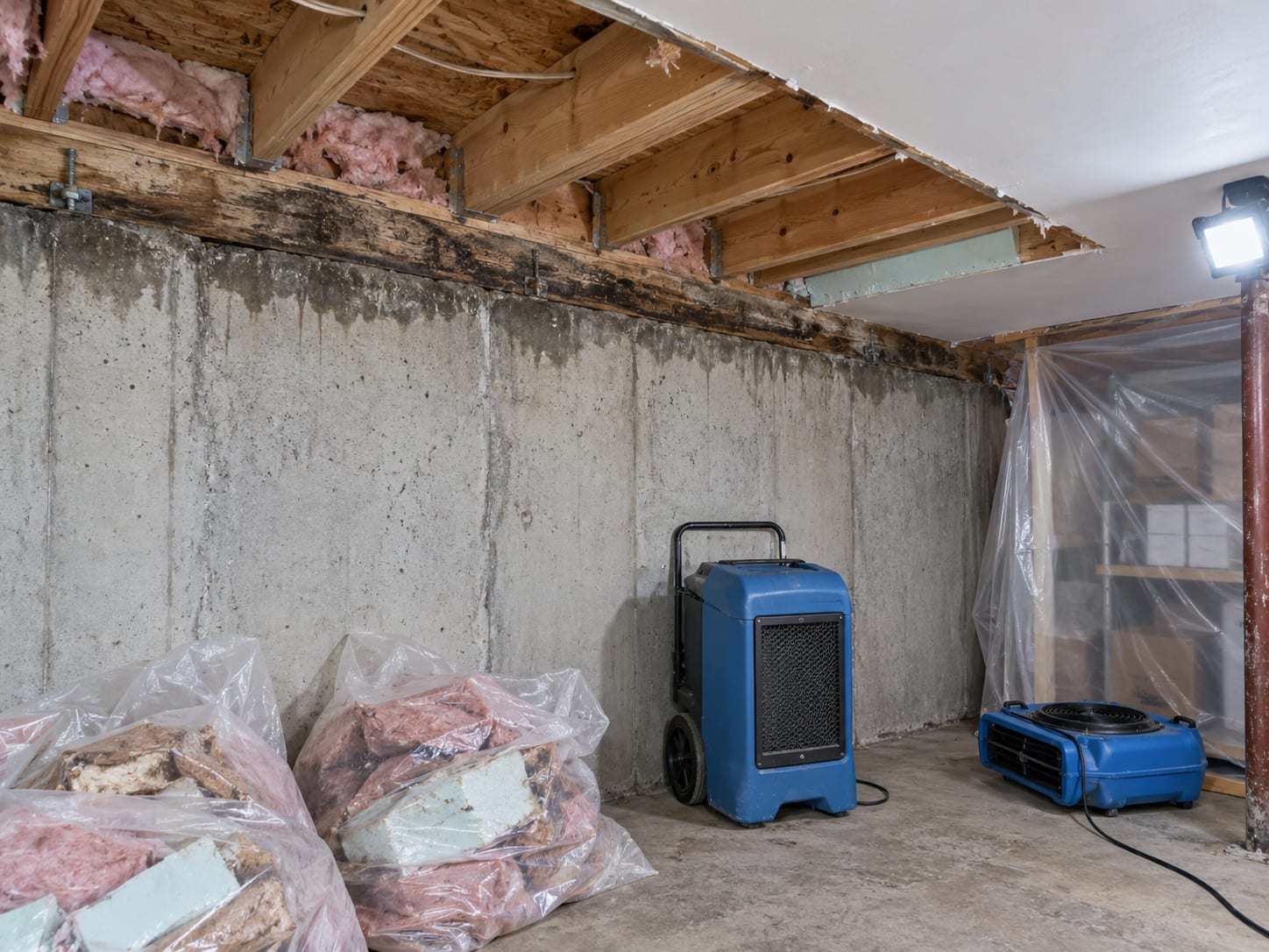 The rim joist and sill plate where an addition meets the original foundation, with wet insulation removed and the wood drying, in a North Brunswick, New Jersey basement