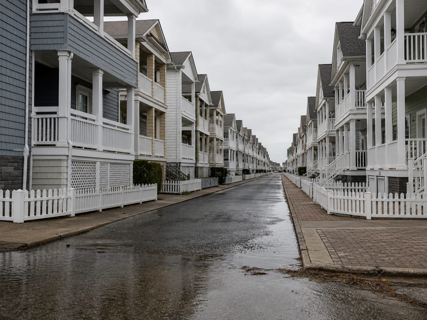 A narrow residential street in Ocean City, New Jersey lined with tall shore duplexes carrying stacked covered porches, with water standing in the gutter at a low corner