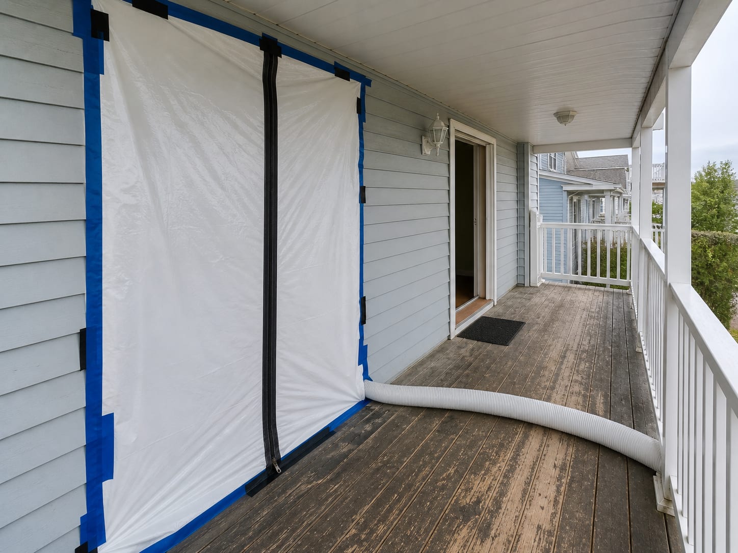 A zippered containment barrier sealed across one unit's door on a stacked covered porch of an Ocean City, New Jersey duplex, with the neighbouring unit's door left clear