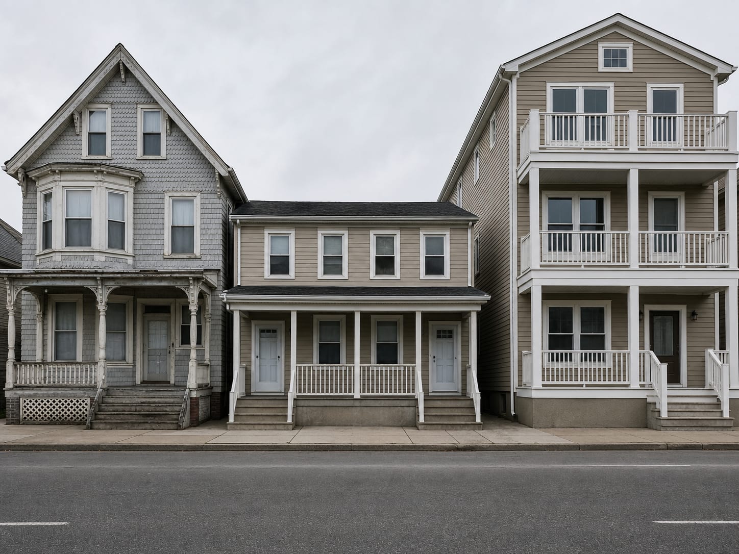 Three adjacent buildings of visibly different eras standing side by side on one Ocean City, New Jersey block: an 1890s frame house, a mid century duplex and a recent build
