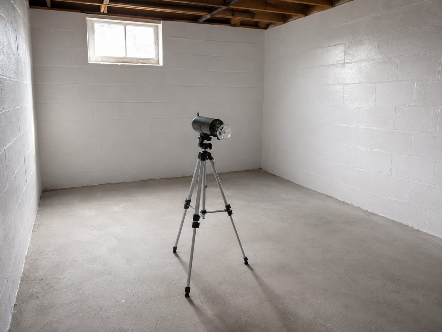 Post-remediation air quality testing setup in a cleared residential room with an air sampling pump on a tripod and cassette attached, ready for clearance testing