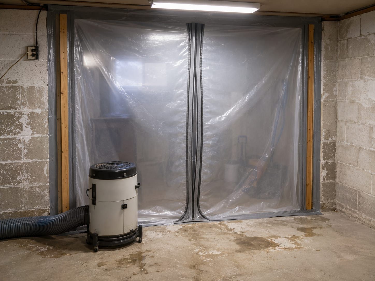 Plastic sheeting containment barrier sealing off a residential basement room during active mold remediation in a New Jersey home