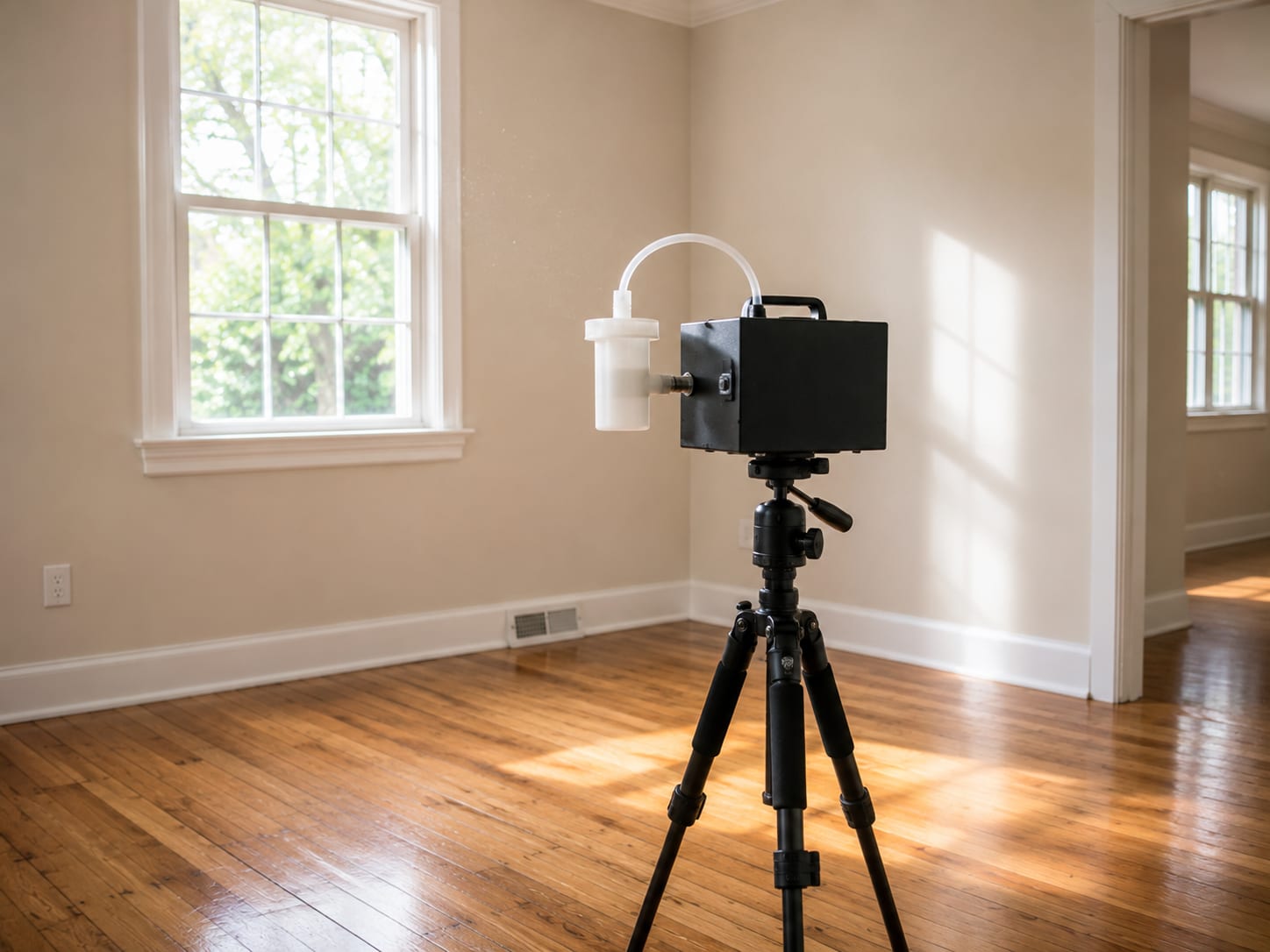 Air sampling cassette attached to a small pump on a tripod standing in a clean bright living room interior of a New Jersey home