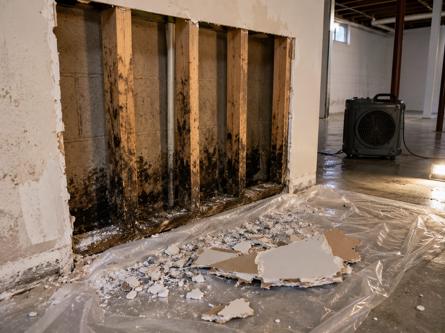 Partially demolished basement drywall exposing black mold on wood framing studs with debris on floor and air scrubber in background