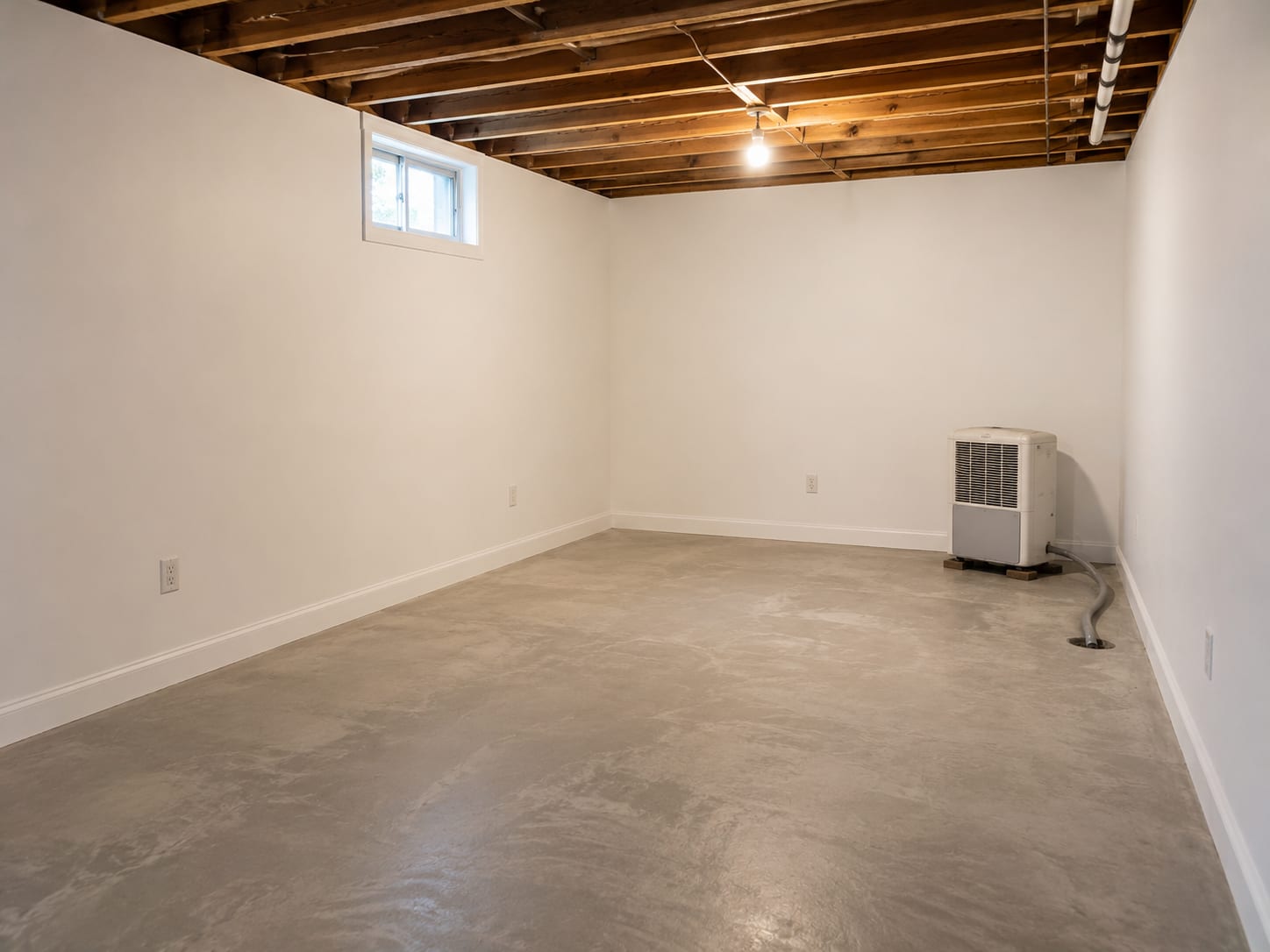 Freshly drywalled and painted basement room with clean concrete floor and a dehumidifier running in the corner of a New Jersey home