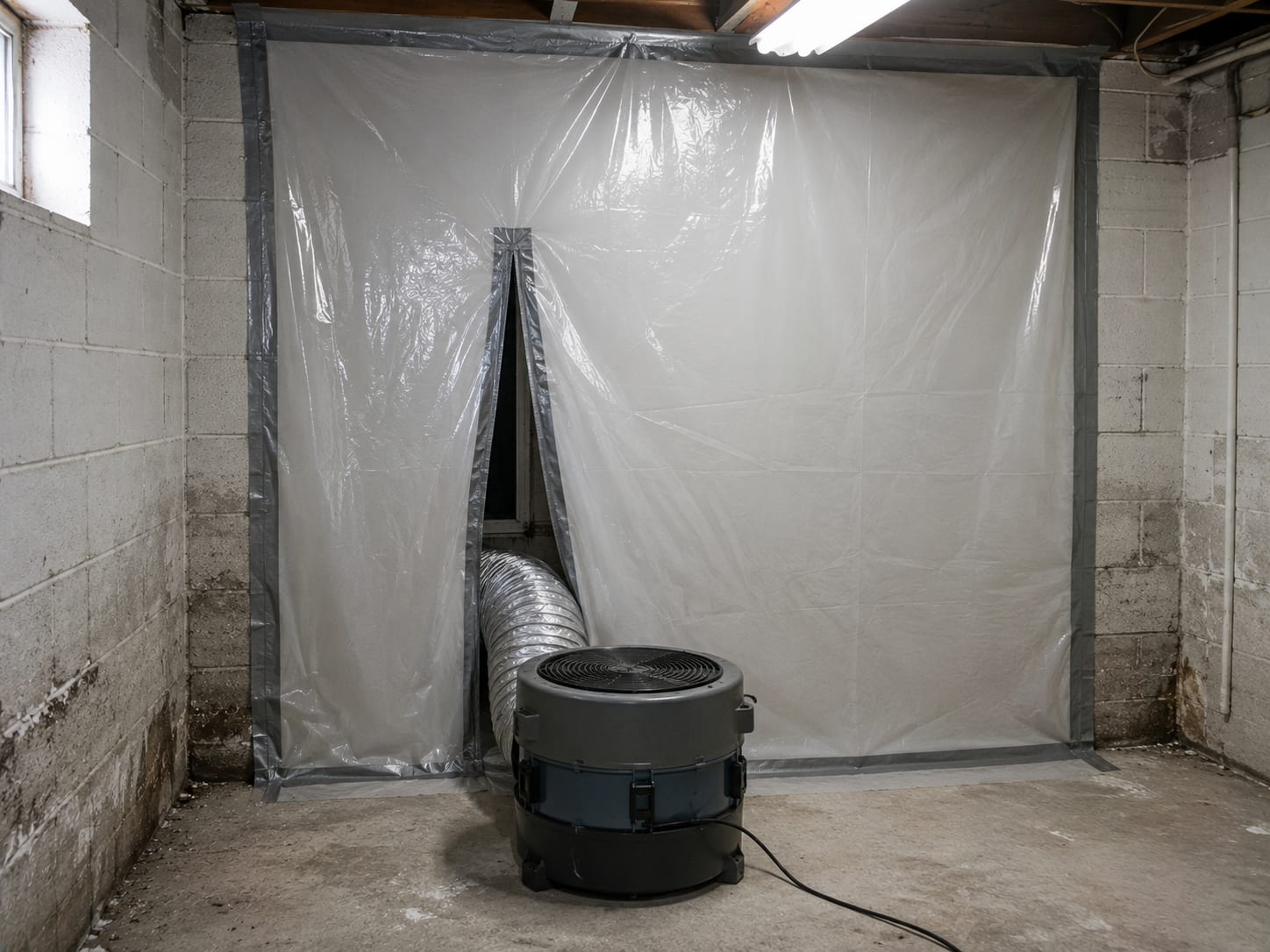 Plastic containment sheeting sealing off a finished basement room with a HEPA negative-air scrubber unit positioned at the barrier seam