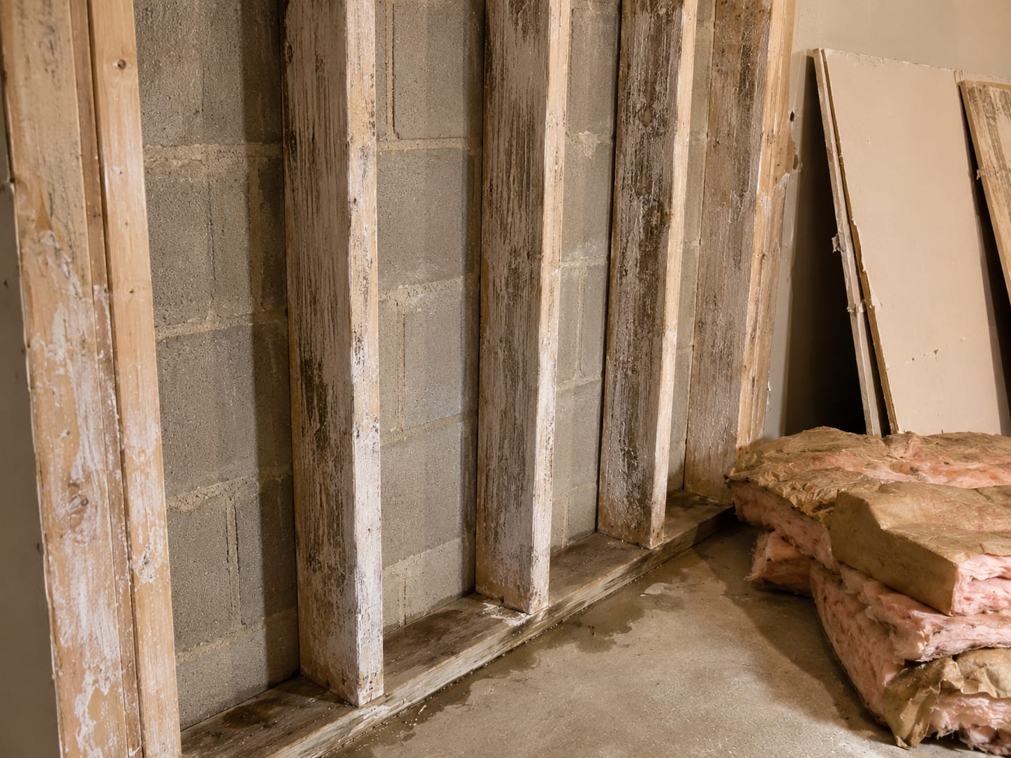 Close-up of a remediated basement wall stud cavity with treated and dried wood framing showing prior mold staining and applied antimicrobial residue