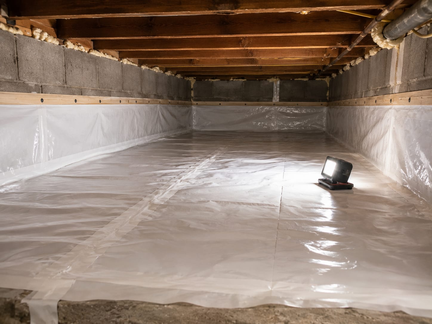 Residential crawl space with white vapor barrier encapsulation freshly installed over earthen floor and treated foundation walls in a New Jersey home