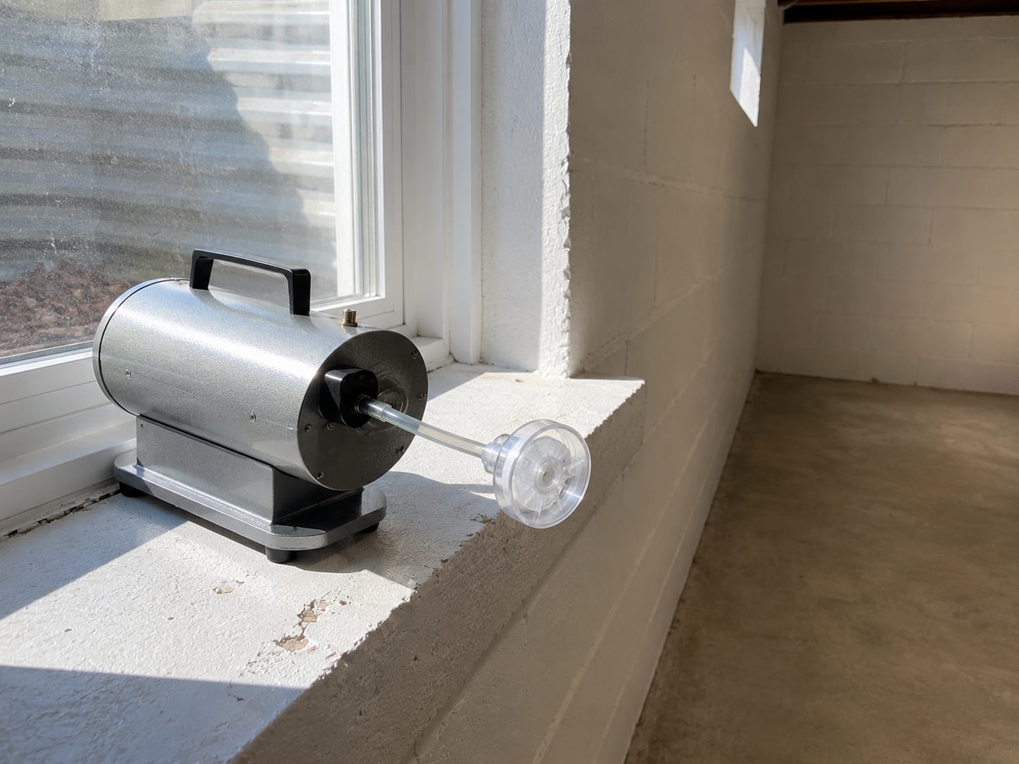 Post-remediation air sampling pump with cassette attached resting on a windowsill inside a cleared New Jersey basement room after remediation work