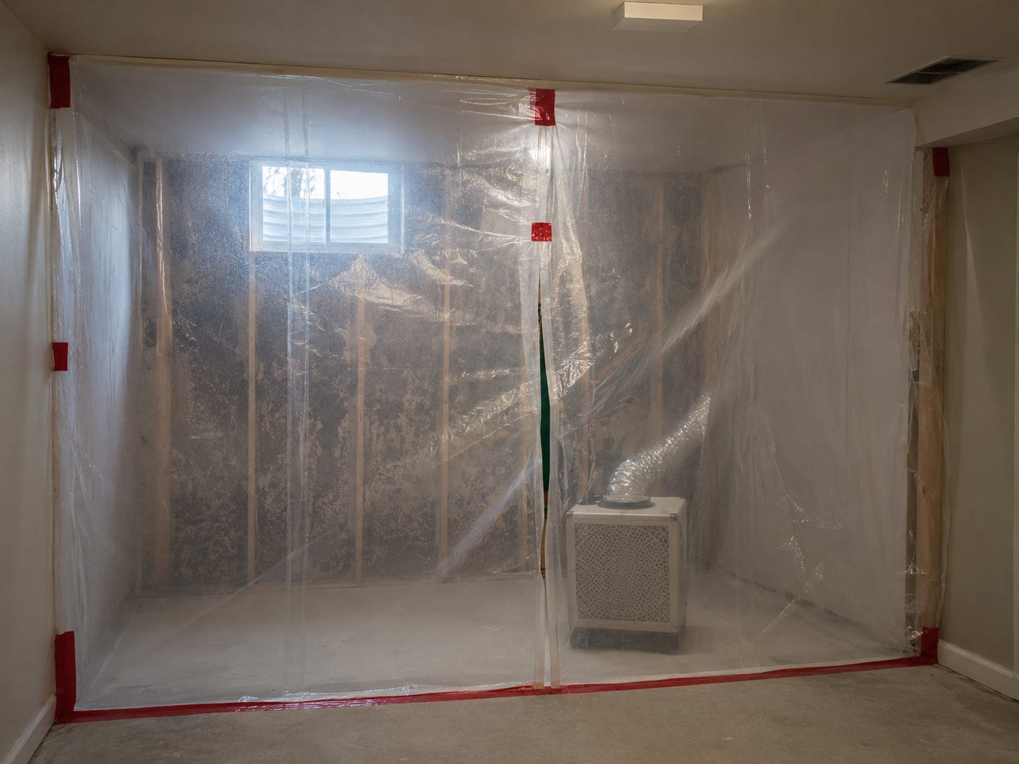 Sealed containment chamber with clear plastic sheeting and HEPA negative-air scrubber unit inside a finished basement of a New Jersey colonial home