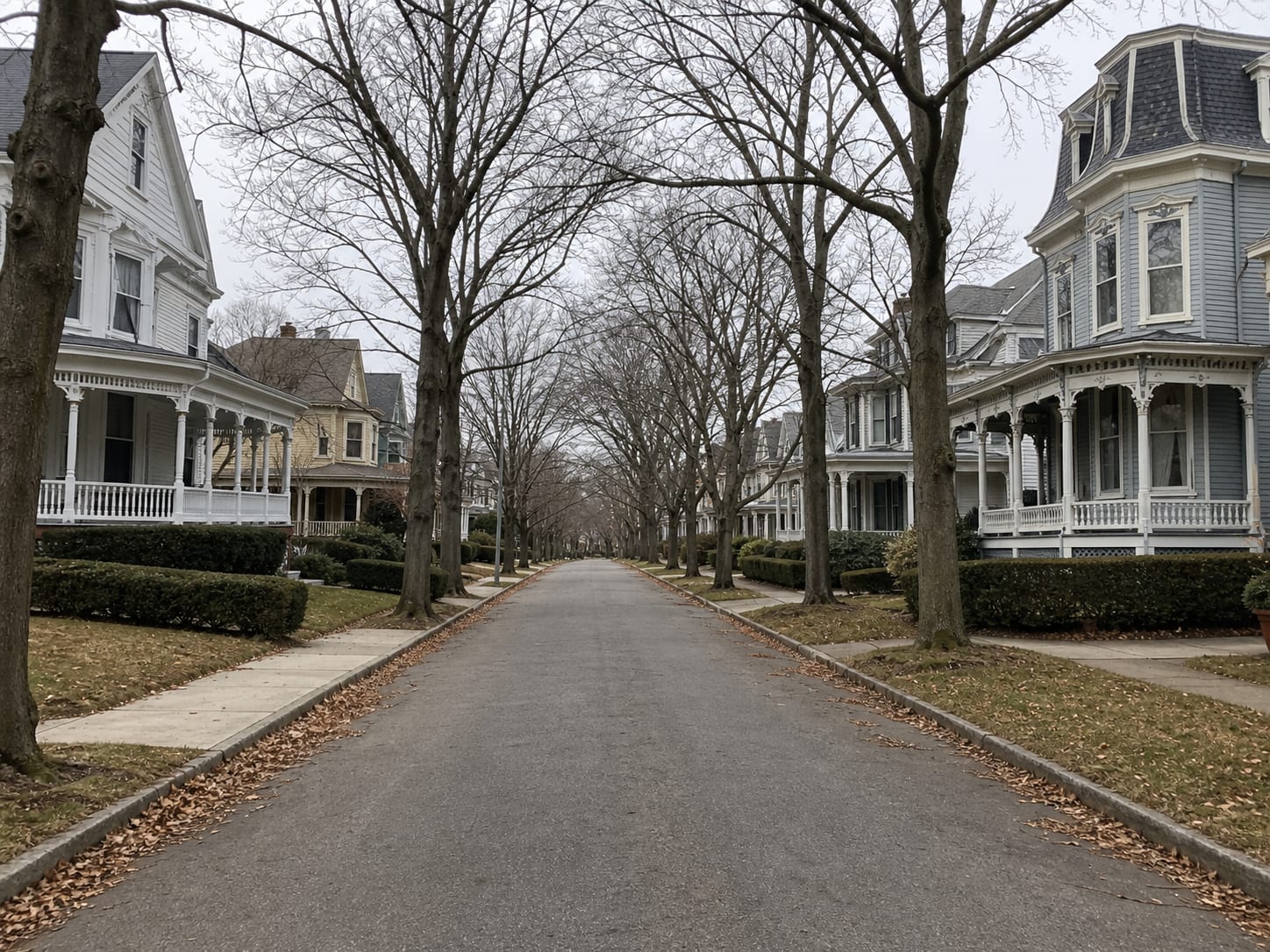 A residential street in Ridgewood, New Jersey closed over by mature trees, lined with painted frame Victorian houses carrying deep wraparound porches on turned posts