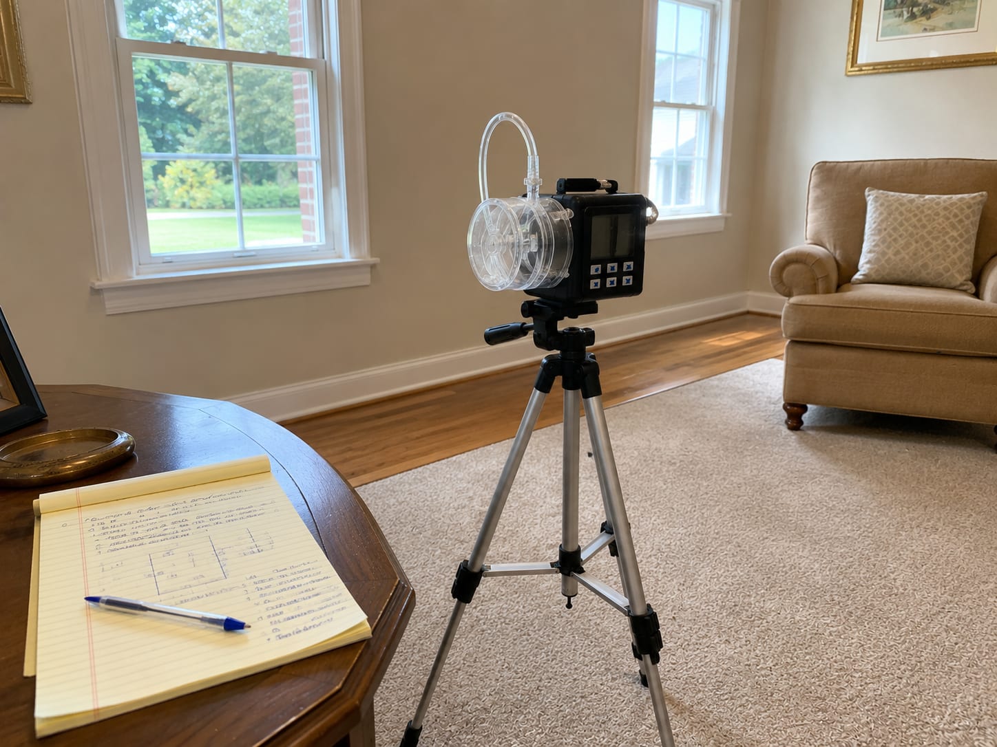 Portable air sampling pump with a cassette cartridge mounted on a tripod inside a carpeted living room during post-remediation air quality testing