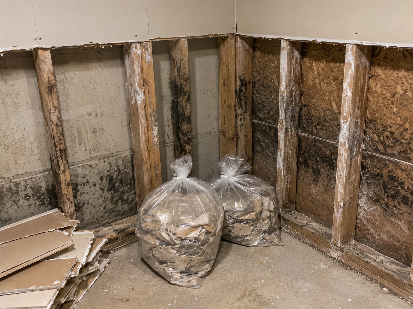 Partially removed drywall panels in a basement corner revealing mold-stained framing studs and treated OSB sheathing after remediation work
