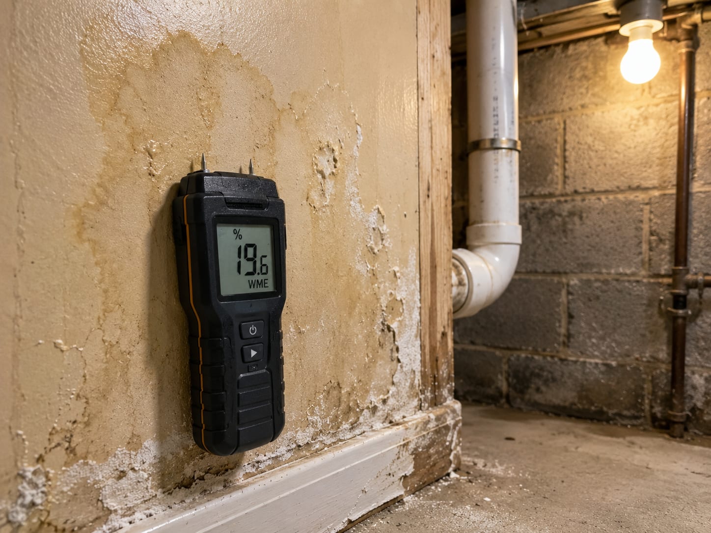 Handheld digital moisture meter pressed against a water-stained drywall section in a basement utility room showing elevated moisture readings