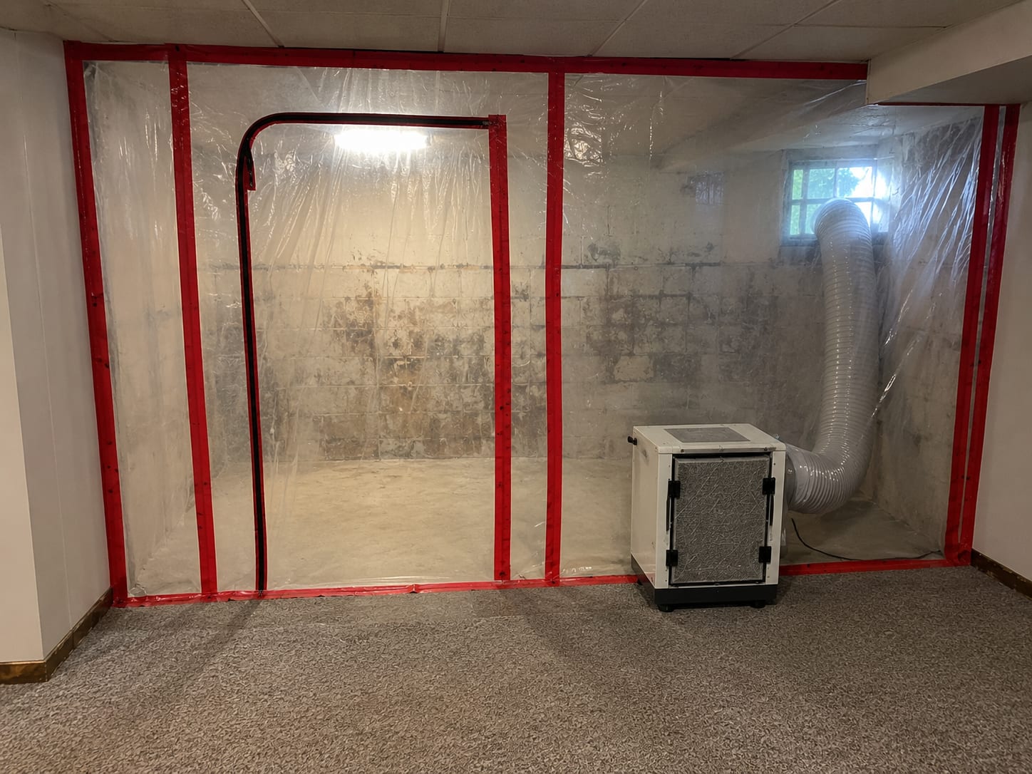 Plastic containment sheeting sealing off a finished basement room with a HEPA negative-air scrubber unit positioned near the barrier