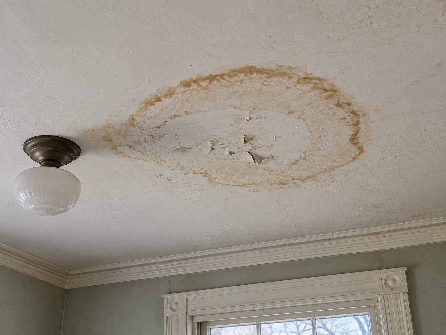 A brown ring stain and peeling paint on a plaster ceiling directly below an upstairs bathroom in an older Rocky Hill, New Jersey house