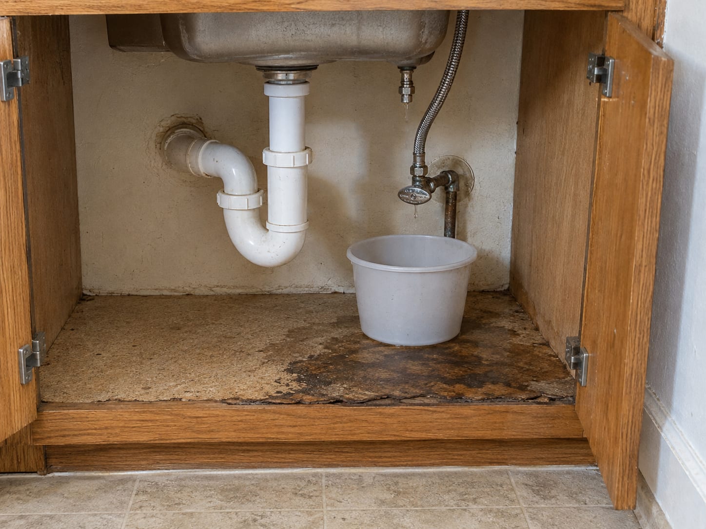 An open under sink cabinet with a stained particleboard floor, a bucket under a dripping supply line and a closed angle stop valve, in a Rocky Hill, New Jersey kitchen