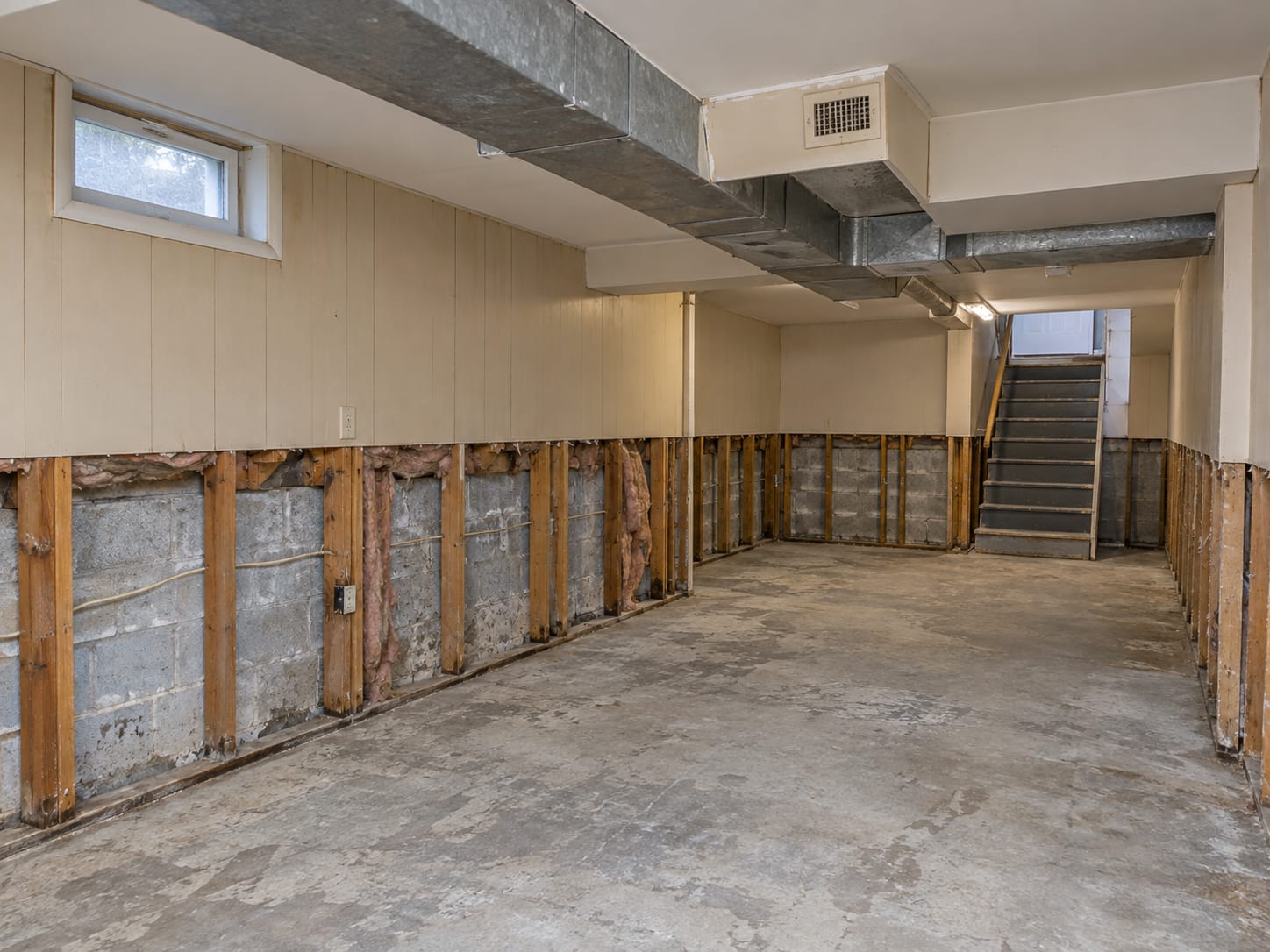 A low ceilinged finished basement in an older Rocky Hill, New Jersey house with drywall cut away above the floor, insulation removed and ductwork running overhead