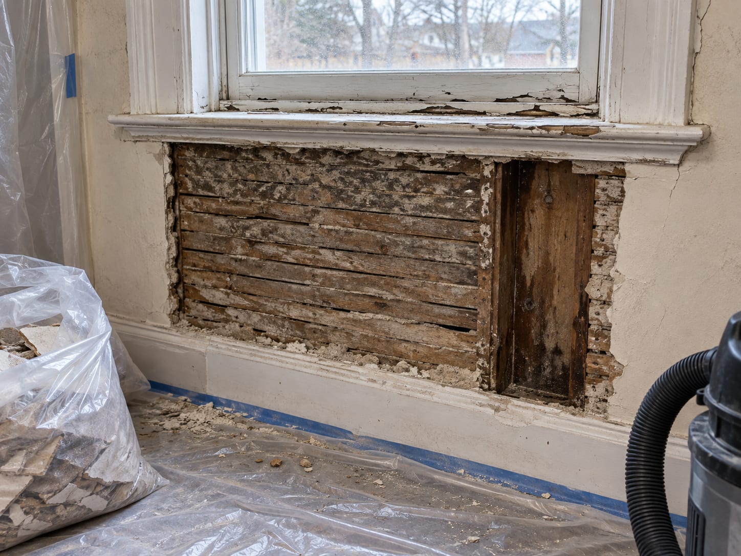 A section of old plaster removed below a window, exposing darkened wood lath and a stained stud from a long window leak, inside a Rocky Hill, New Jersey house