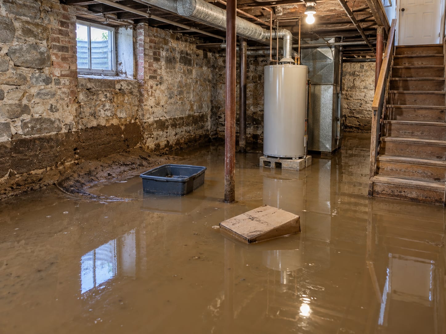 A cellar with several inches of muddy standing water over the floor, a brick and stone foundation with a mud line on the wall and a water heater raised on blocks, in a Rocky Hill, New Jersey house