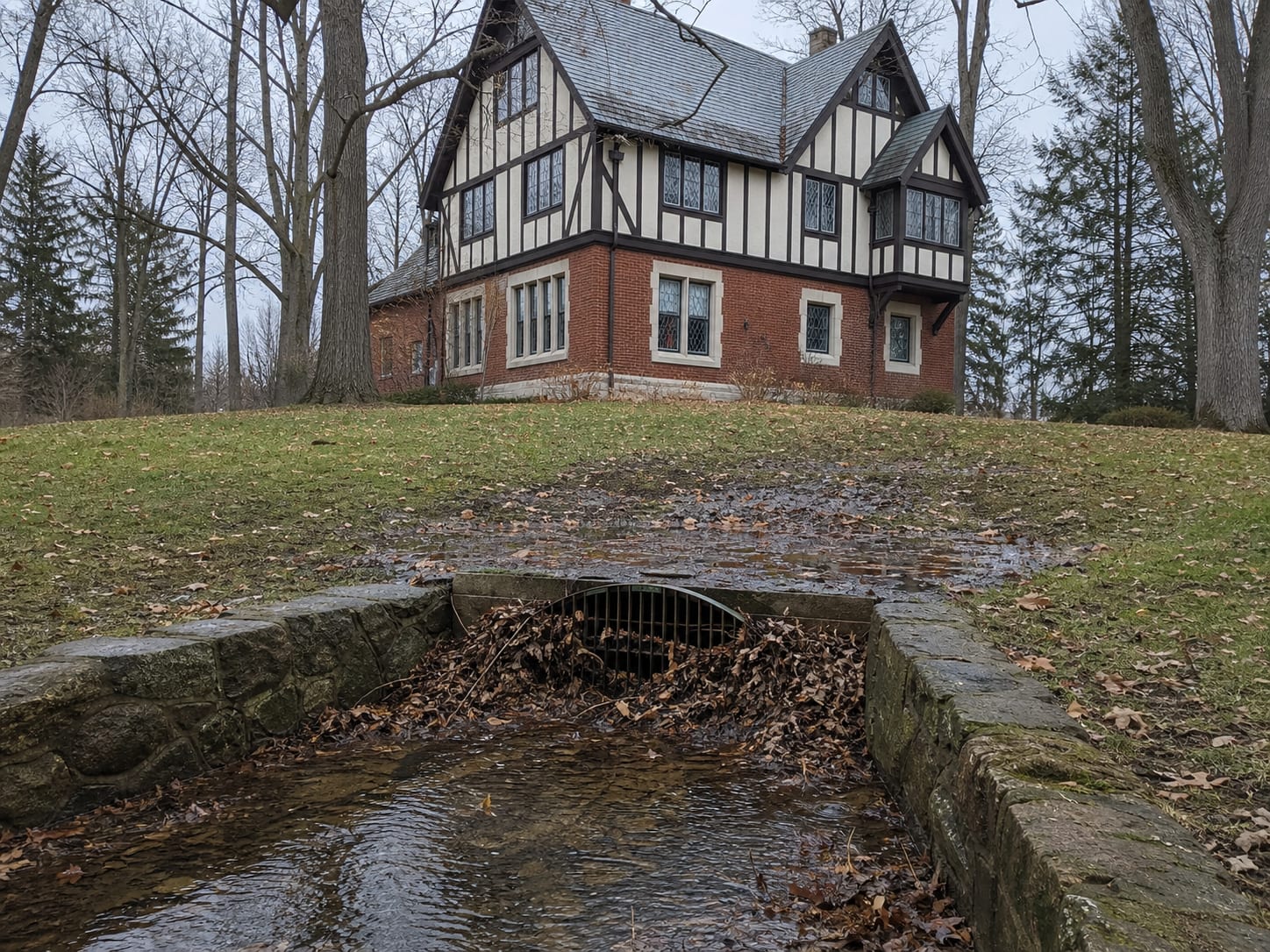 A stone lined brook channel and culvert headwall at the foot of a deep lawn below a half timbered Tudor Revival house in Short Hills, New Jersey, with leaf pack racked against the grate