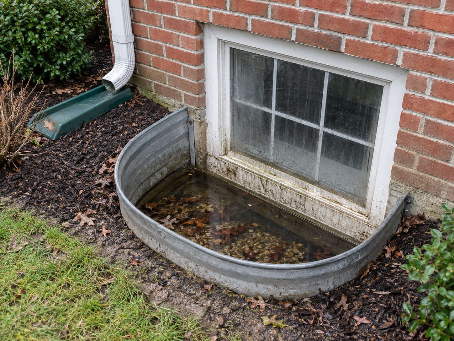 A basement window well against a brick foundation with muddy standing water, leaves and a stained frame, in Skillman, New Jersey