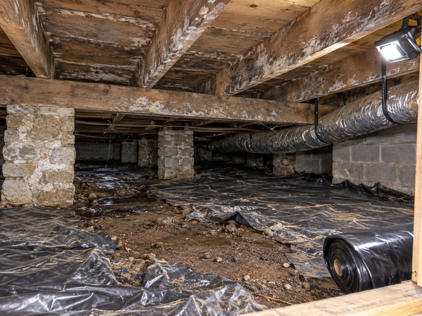 A crawl space with a torn plastic vapor barrier, damp soil and staining on the floor joists above, in a Skillman, New Jersey house
