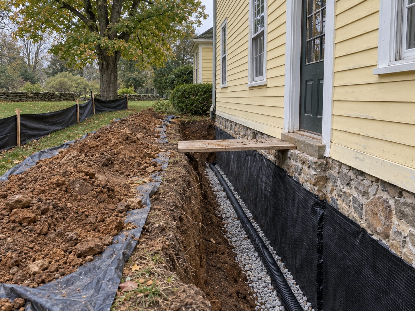 An open trench along a farmhouse foundation exposing a waterproofing membrane and a perforated drain pipe in gravel, with a silt fence at the edge, in Skillman, New Jersey