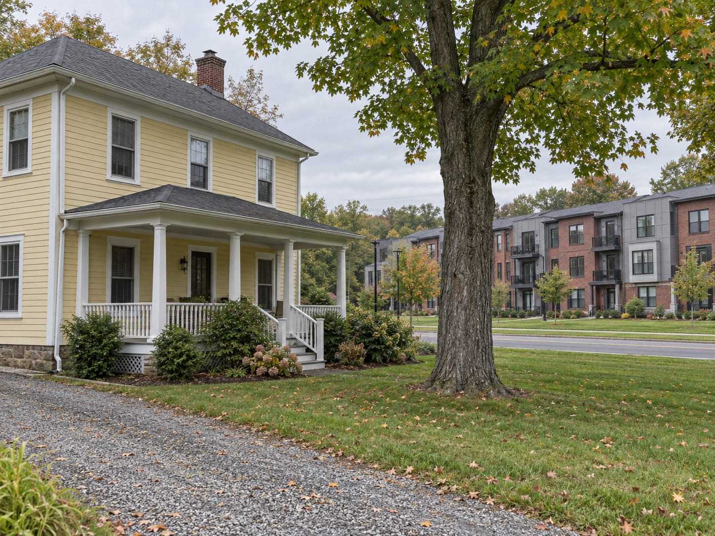 A yellow clapboard farmhouse with a porch in the foreground and newer brick and fiber cement three storey townhouses beyond, in Skillman, New Jersey
