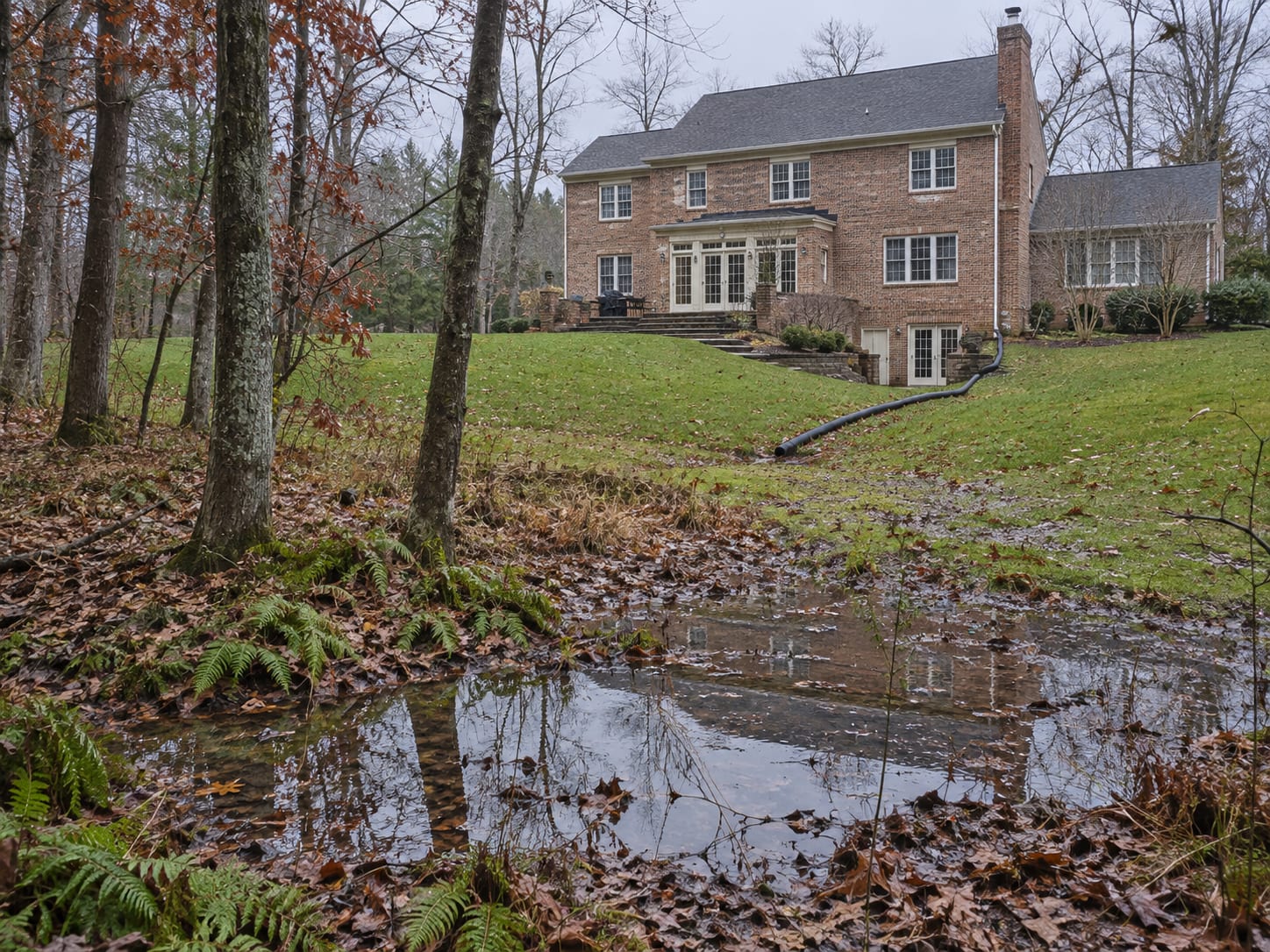 The back lawn of a brick colonial sloping to a wooded swale with standing water and a sump discharge hose lying on the grass, in Skillman, New Jersey