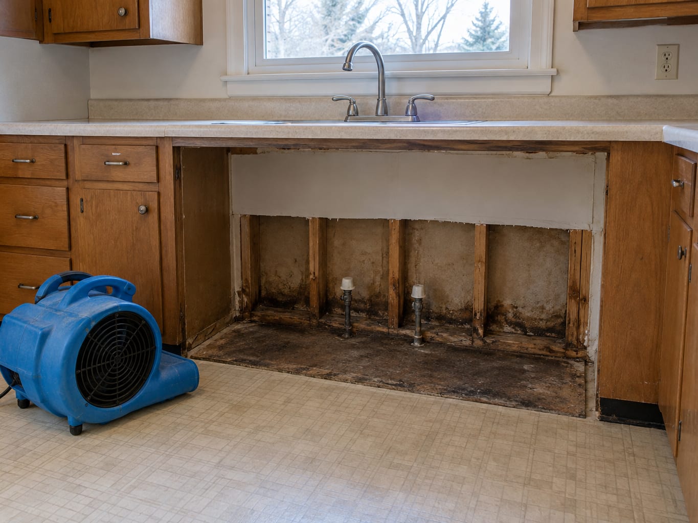 A kitchen with base cabinets pulled out after a sink supply leak, showing stained drywall and wet subfloor at the wall base, in a South Brunswick, New Jersey house