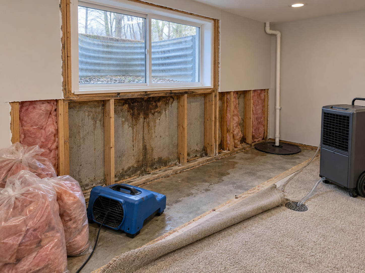 A finished basement with the drywall cut back around an egress window, wet insulation bagged and a sump pit beside it, in a Ten Mile Run, New Jersey home