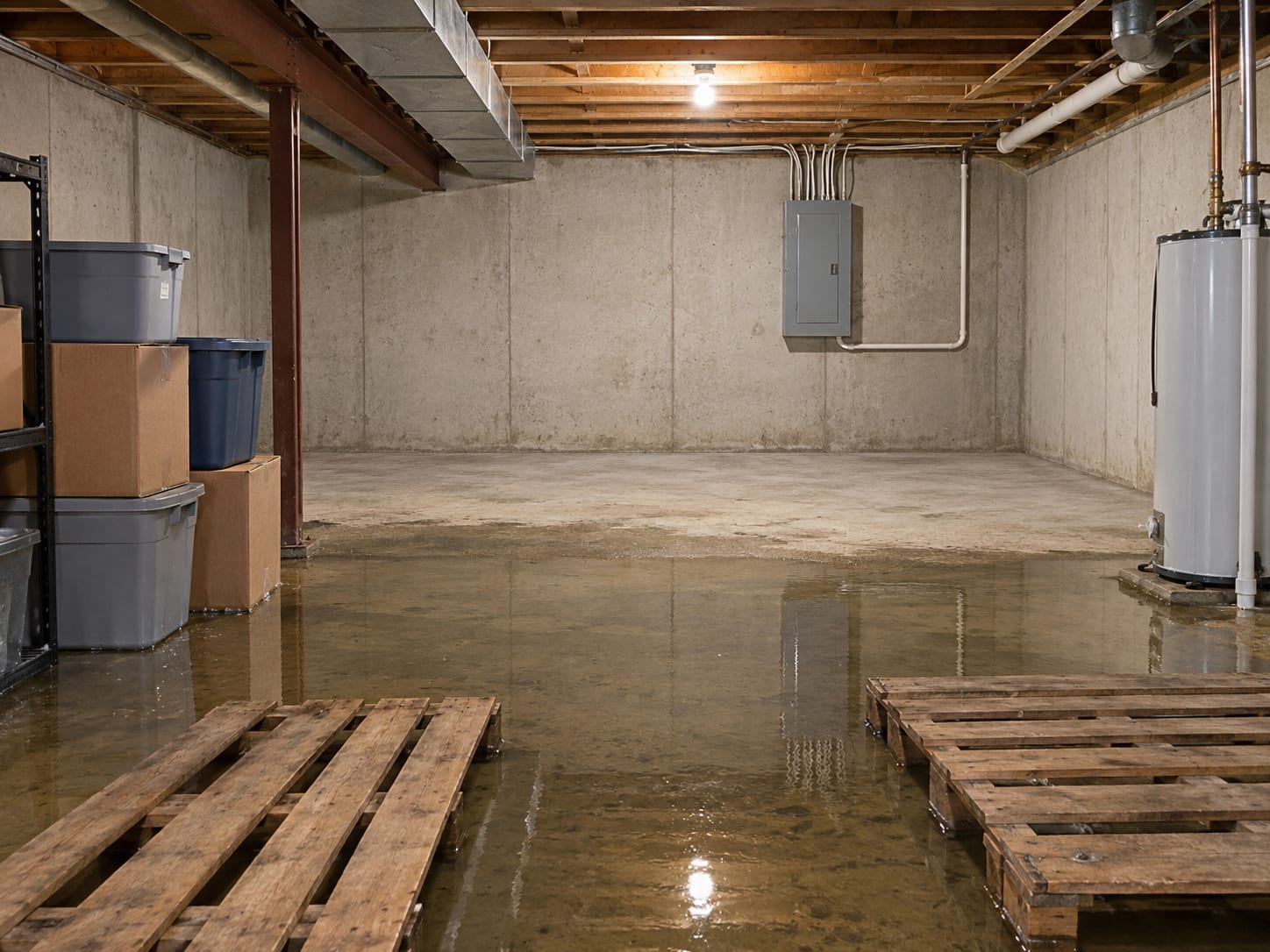 A basement with a shallow pool of water on the floor at one end, boards laid as a walkway and a grey breaker panel on a dry wall, in Ten Mile Run, New Jersey