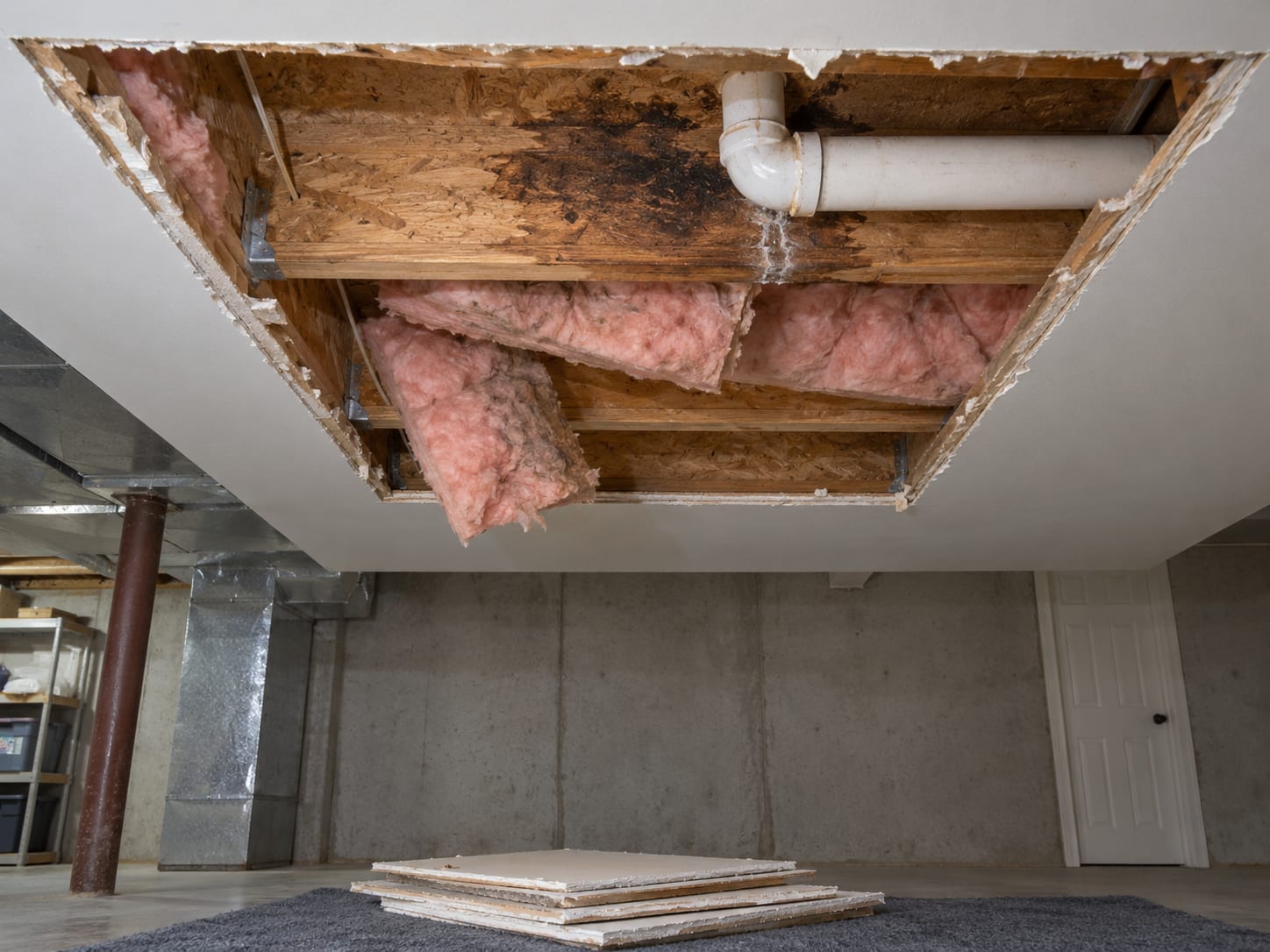 A basement ceiling opened under a bathroom, showing wet fiberglass insulation, stained joists and a plastic drain line with a fitting, in Ten Mile Run, New Jersey
