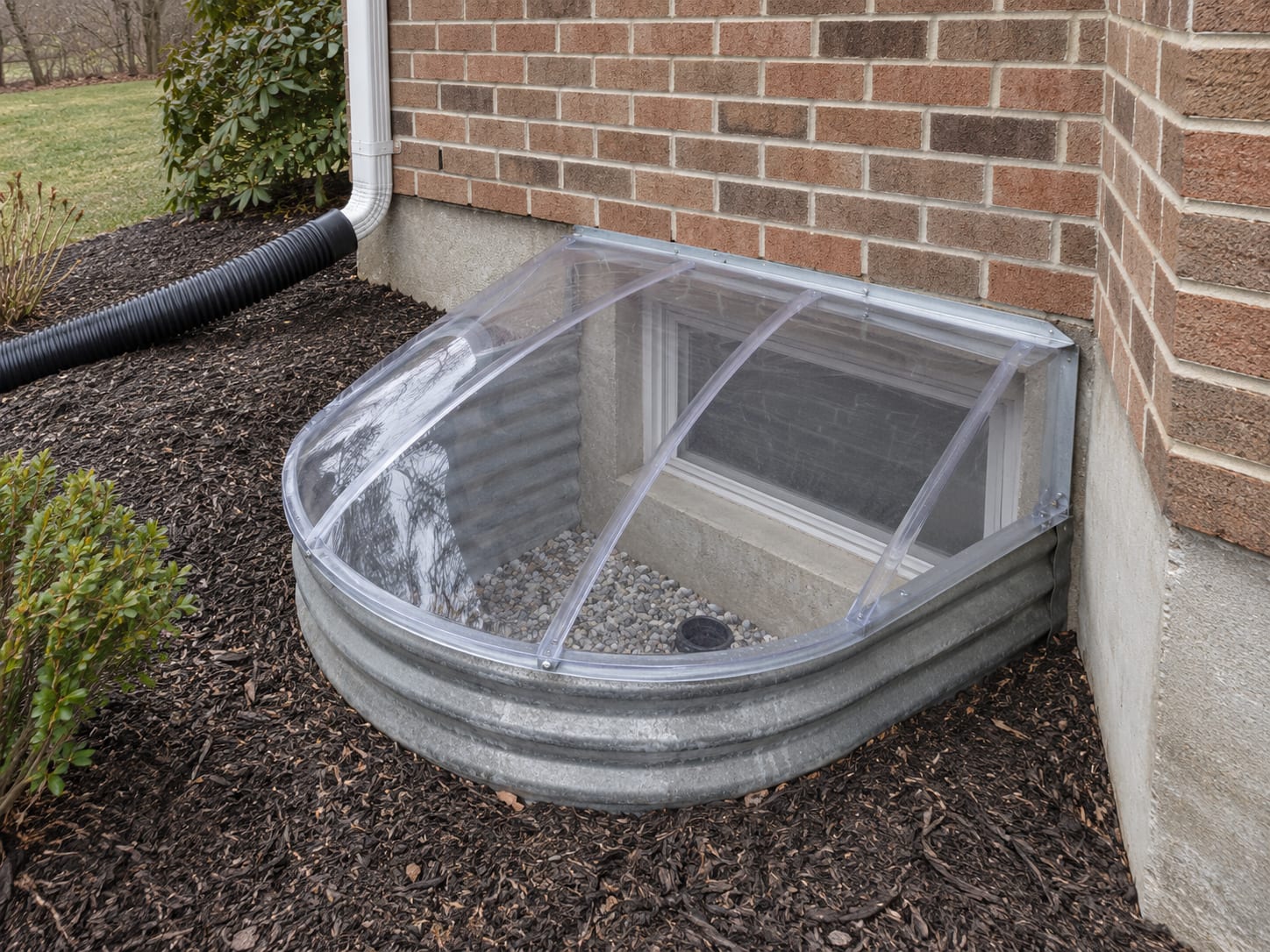 A basement window well with a clear plastic cover, a clean gravel base and a drain pipe at the bottom, beside a brick and vinyl foundation, in Ten Mile Run, New Jersey