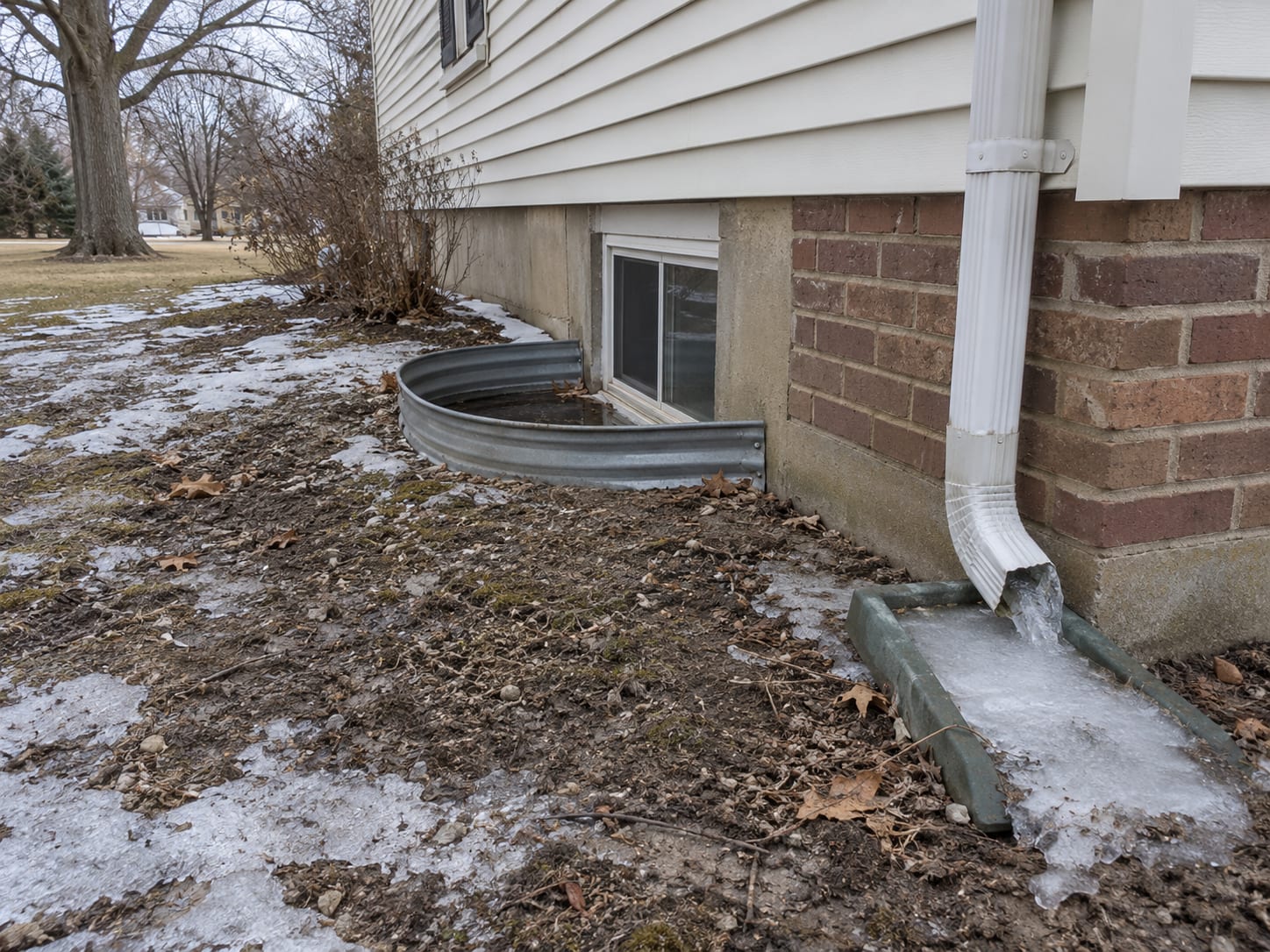 A foundation wall with frozen bare ground, patches of old grey snow and an icy downspout discharge, beside a window well, in Ten Mile Run, New Jersey