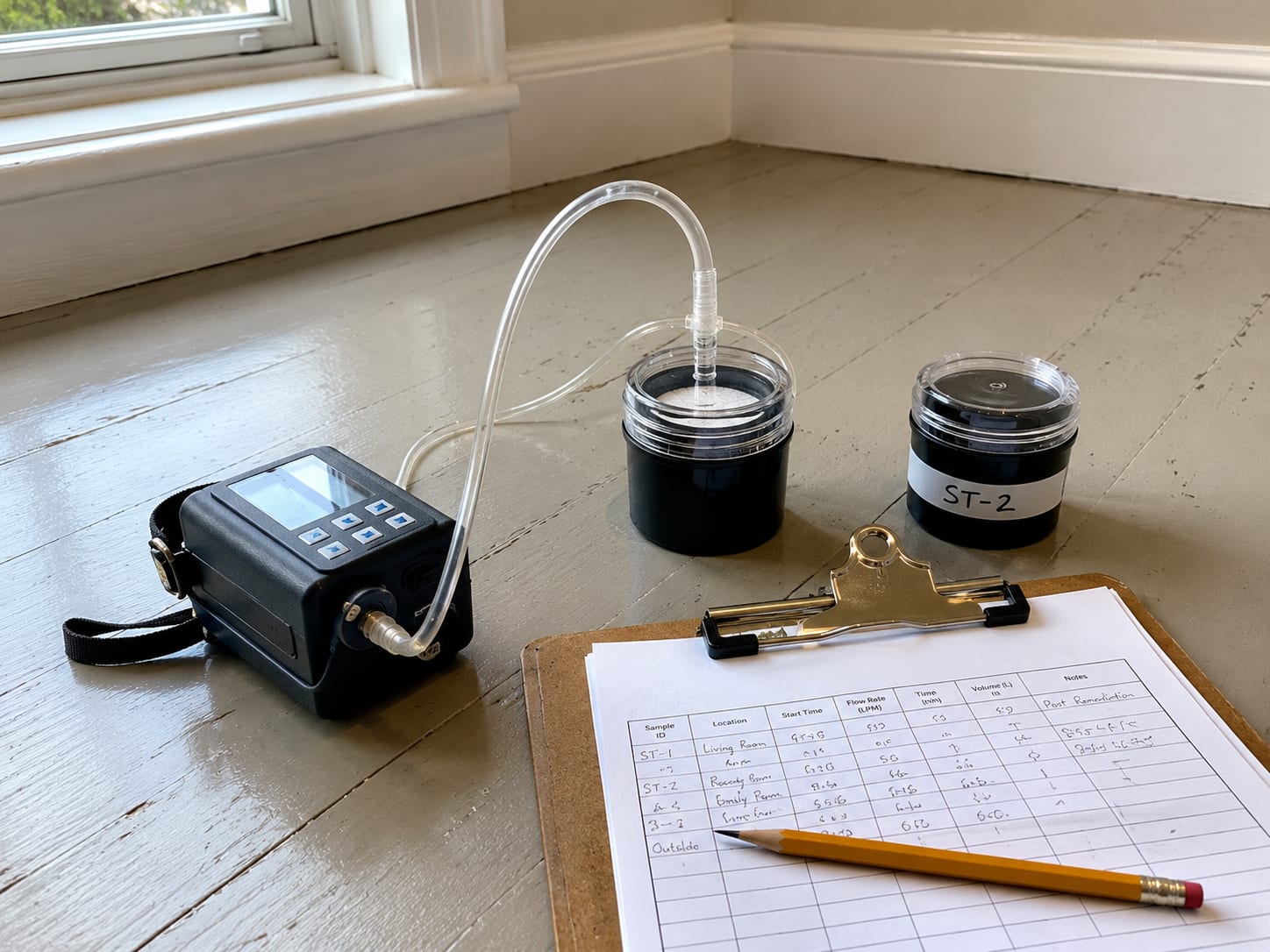 Air sampling pump and spore trap cassettes arranged on a clean surface inside a remediated New Jersey room