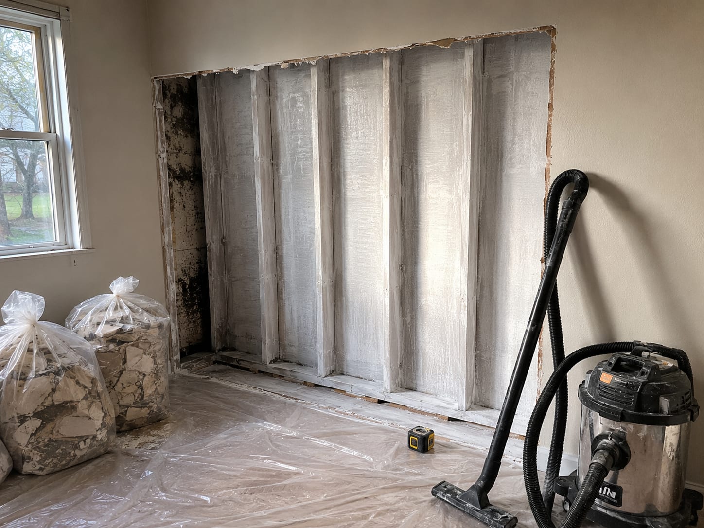 Stripped and treated wall cavity showing remediated wood framing and antifungal coating inside a New Jersey home