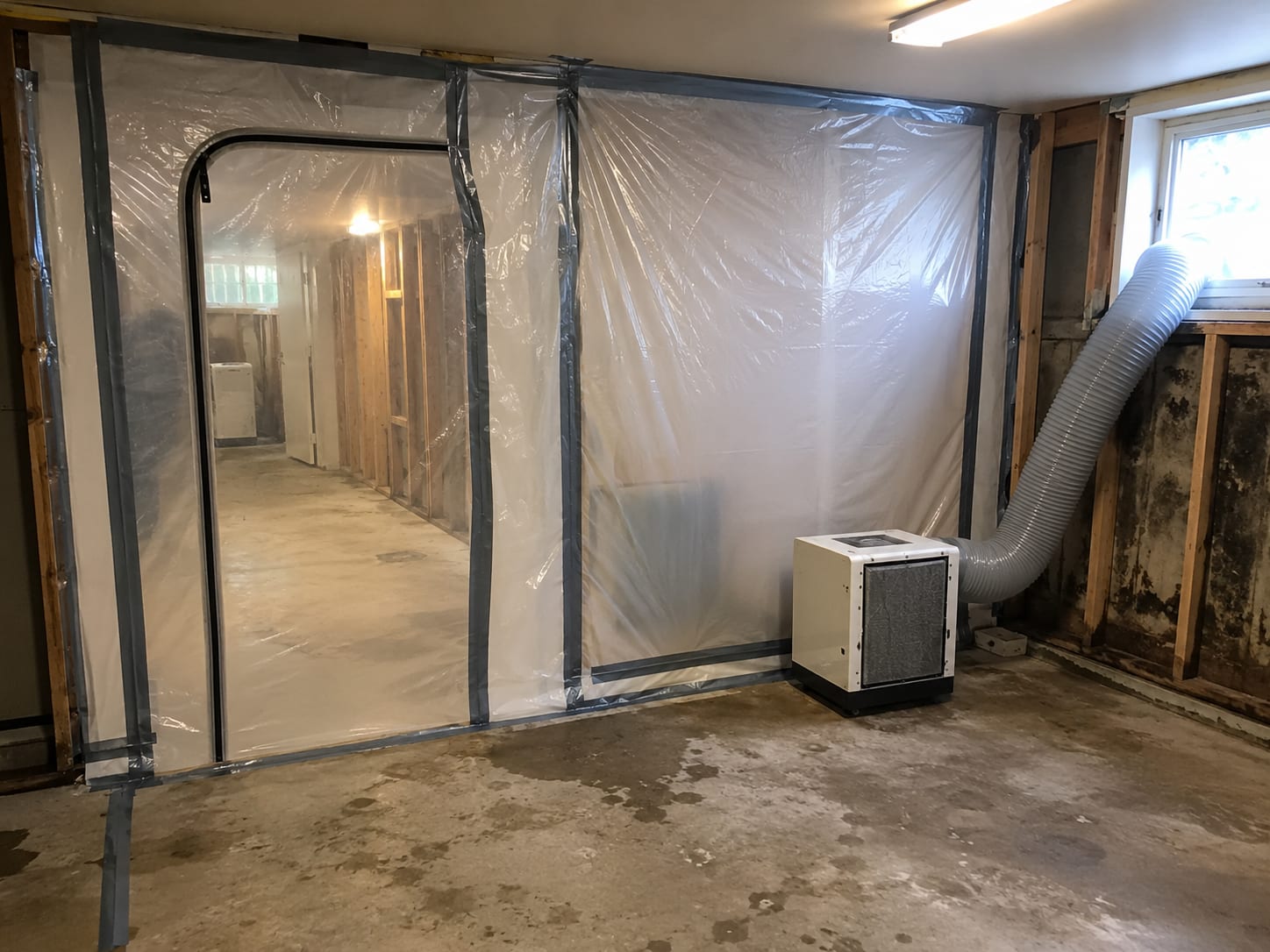 Plastic containment sheeting sealing off a mold-affected basement room in a New Jersey home