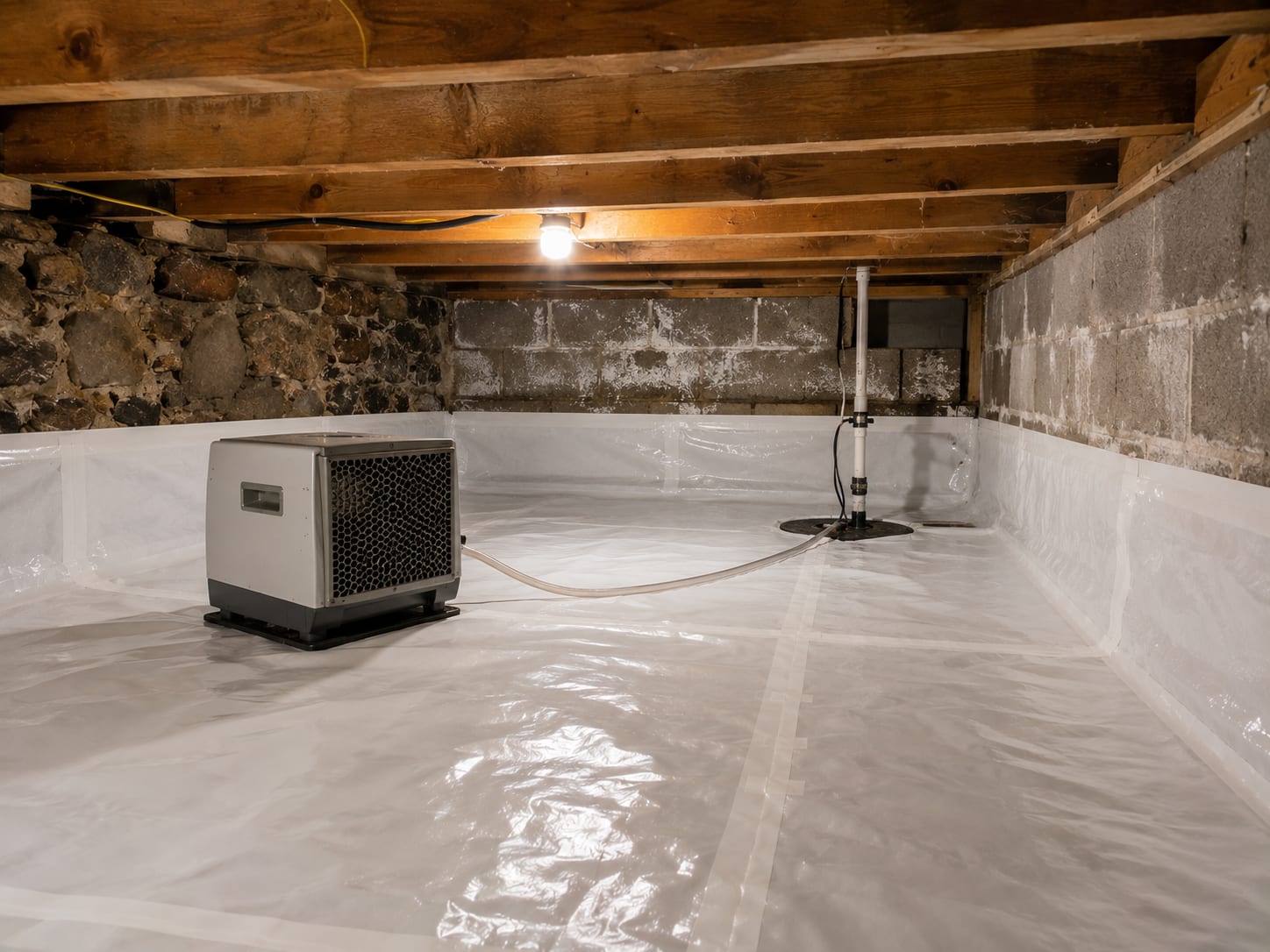 Crawl space interior under a New Jersey home showing encapsulation liner being applied over treated soil with a dehumidifier unit running nearby