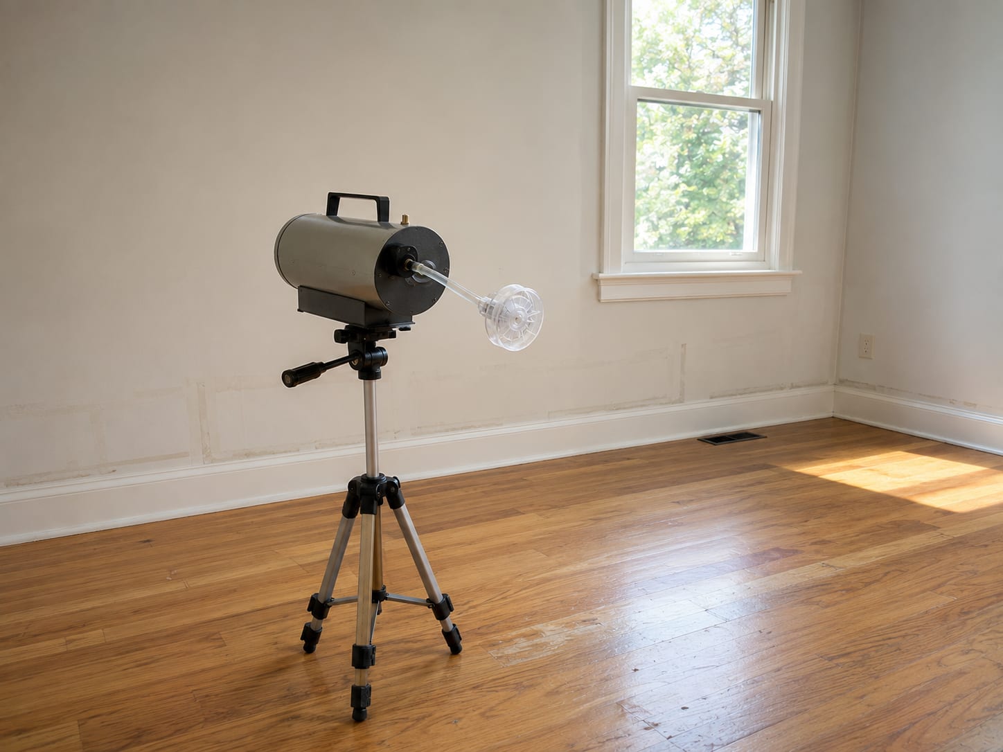 Air sampling pump on a tripod with a cassette attachment collecting indoor air quality samples in a New Jersey residential room after mold remediation