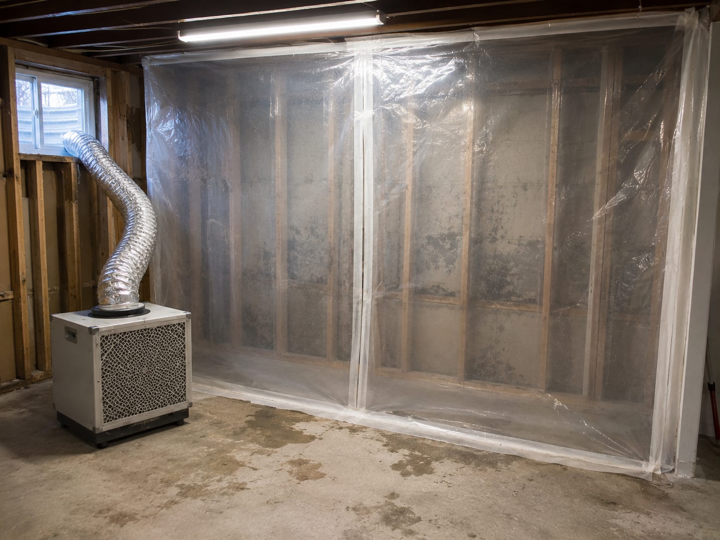 Sealed plastic containment barrier with negative air machine in a finished basement of a New Jersey colonial home during active mold remediation