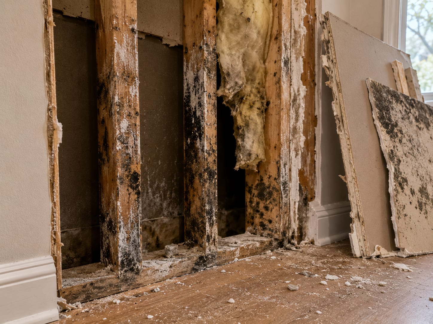 Close view of a partially demolished interior wall cavity in a New Jersey home showing stripped drywall edges, exposed wooden studs with antifungal treatment residue, and dark mold staining on framing