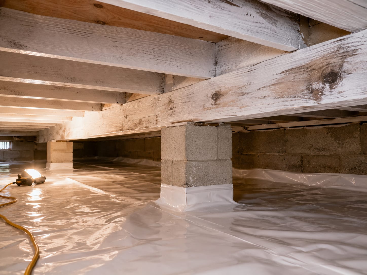 Interior crawl space view in a New Jersey home showing encapsulated concrete footings and treated wood floor joists coated with white antimicrobial sealant over a new vapor barrier