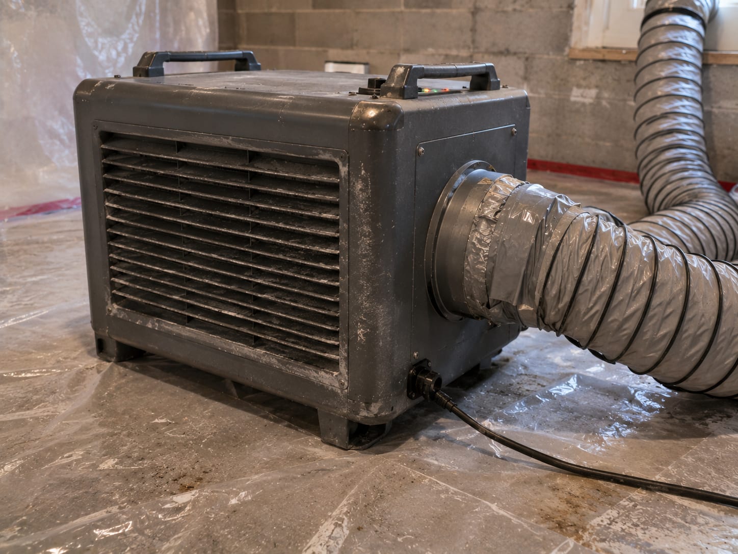 Ground-level view of a HEPA negative air scrubber machine on a plastic-sheeted basement floor with flexible exhaust ducting connected and indicator lights visible