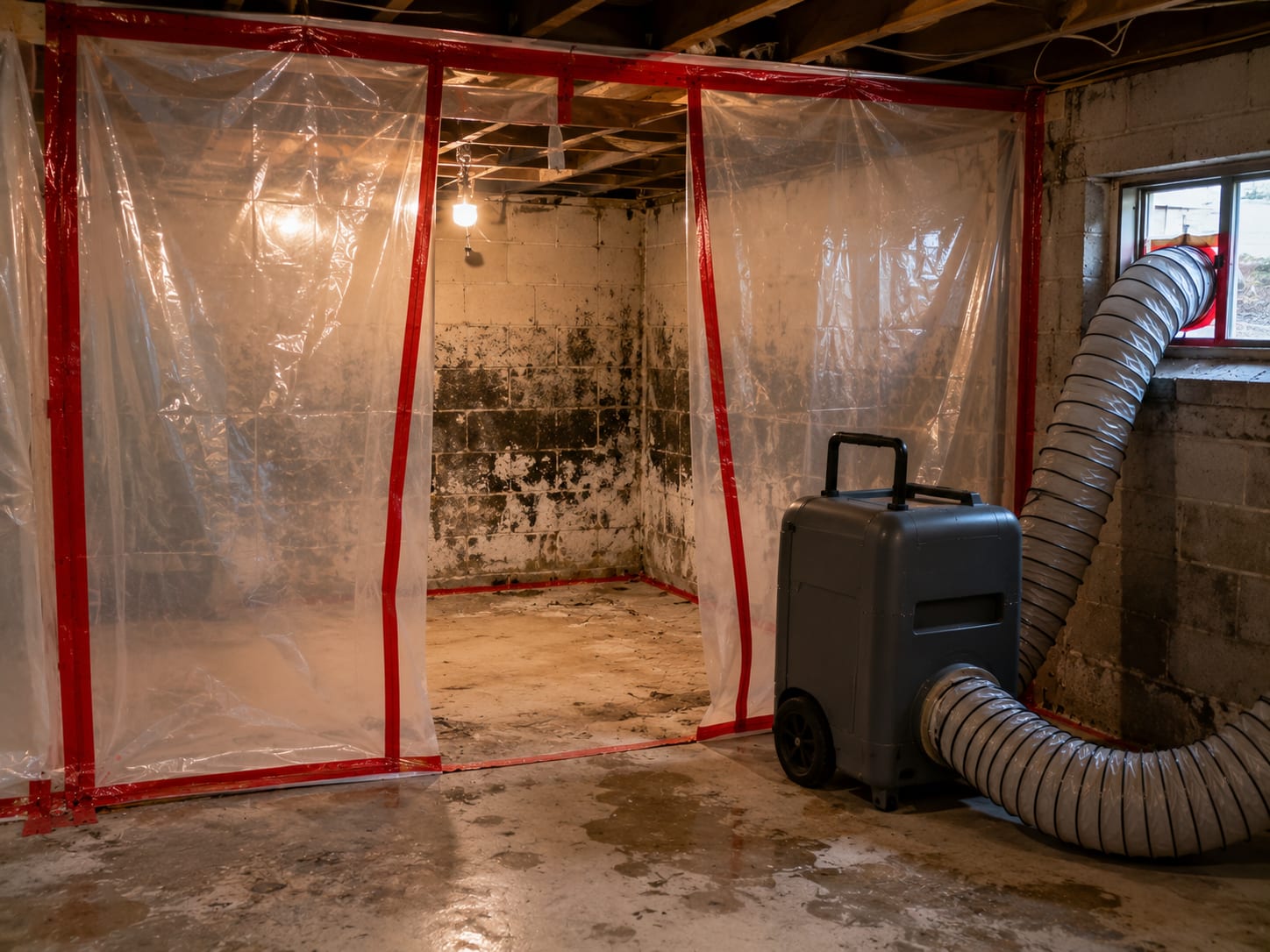 Sealed containment area inside a New Jersey home basement with translucent plastic sheeting barriers and a HEPA negative air scrubber unit in place
