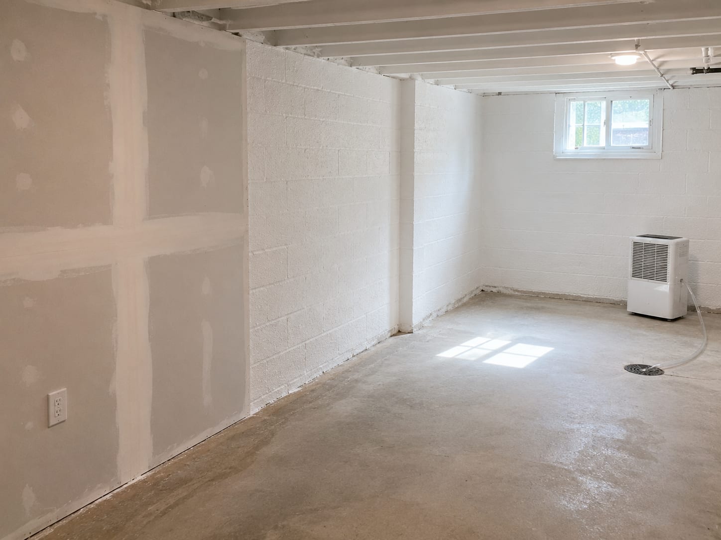 Clean finished basement in a New Jersey home after completed mold remediation showing freshly patched and painted concrete block walls, new drywall sections, and a dry concrete floor
