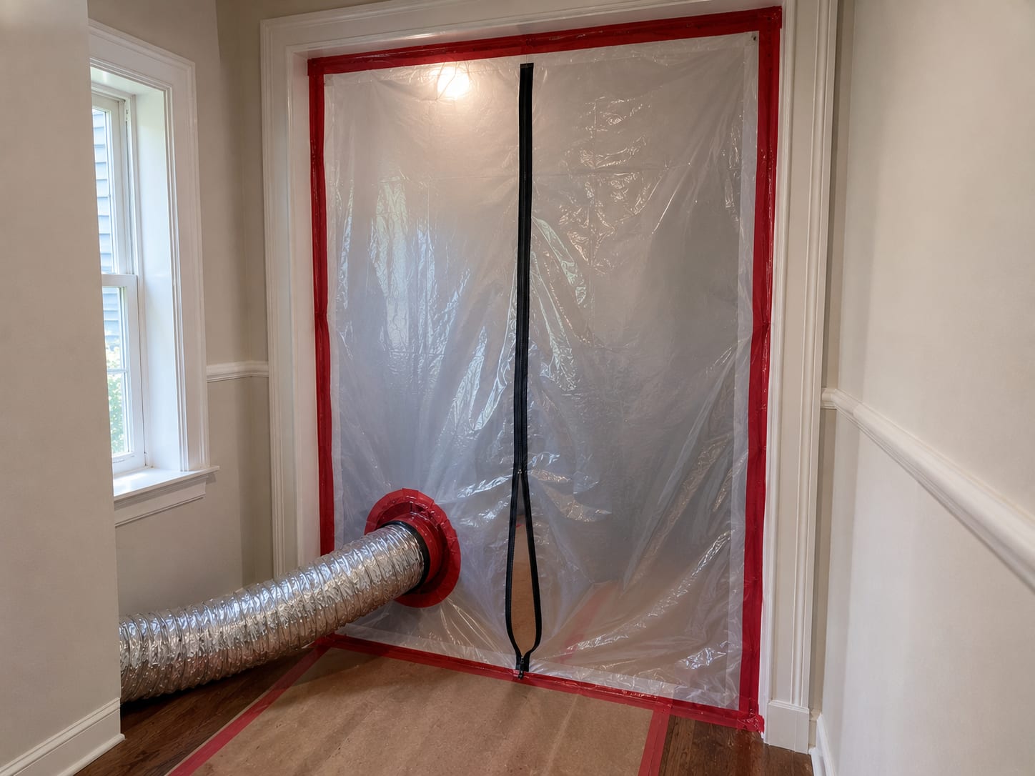 Polyethylene containment barrier stretched across a hallway doorway with zipper entry slit, red caution tape at the threshold, and negative-air duct exiting through the sheeting
