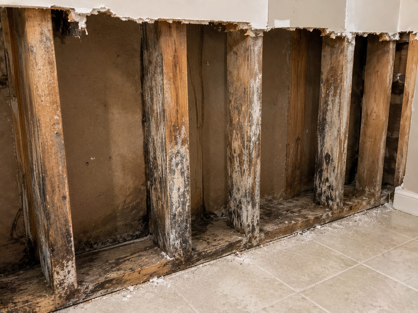 Open wall cavity in a residential bathroom showing removed drywall sections, exposed wood studs with black mold staining being cleaned, and bare insulation removed to reveal the framing